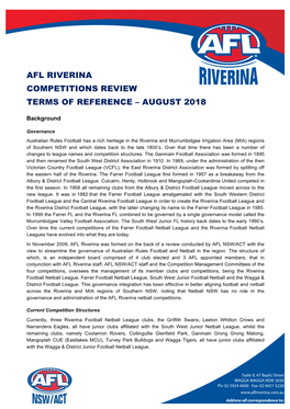 Afl Riverina Competitions Review Terms of Reference – August 2018