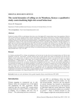 The Social Dynamics of Selling Sex in Mombasa, Kenya: a Qualitative Study Contextualizing High Risk Sexual Behaviour Karen M