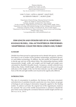 Fish Length and Otolith Size of in Nemipterus Randalli Russell, 1986 (Actinopterygii: Perciformes: Nemipteridae) Collected from Gökova Bay, Turkey