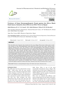 Virulence of Some Entomopathogenic Fungi Against the Oliver Black Scale Insect, Saissetia Oleae (Oliver) on Olive Trees in Egypt