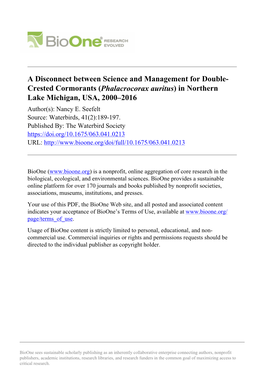 Crested Cormorants (Phalacrocorax Auritus) in Northern Lake Michigan, USA, 2000–2016 Author(S): Nancy E