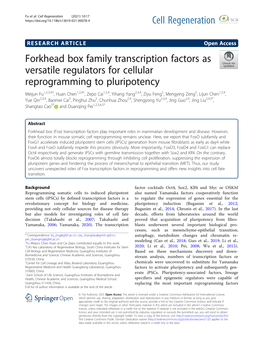 Forkhead Box Family Transcription Factors As Versatile Regulators for Cellular Reprogramming to Pluripotency