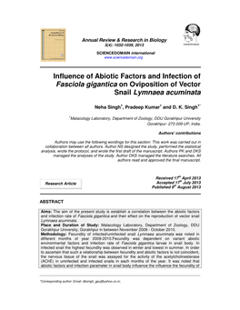 Influence of Abiotic Factors and Infection of Fasciola Gigantica on Oviposition of Vector Snail Lymnaea Acuminata
