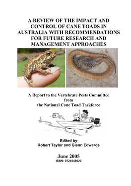 A Review of the Impact and Control of Cane Toads in Australia with Recommendations for Future Research and Management Approaches