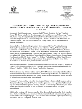 Testimony of State Senator Daniel Squadron Regarding the Draft Annual Plan 2013 for the New York City Housing Authority, July 25, 2012