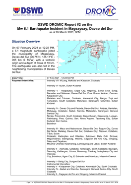 DSWD DROMIC Report #2 on the Mw 6.1 Earthquake Incident in Magsaysay, Davao Del Sur As of 05 March 2021, 6PM