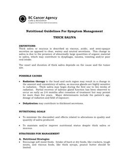 Nutritional Guidelines for Symptom Management THICK SALIVA