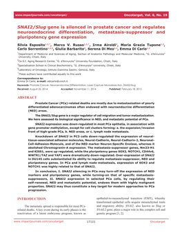 SNAI2/Slug Gene Is Silenced in Prostate Cancer and Regulates Neuroendocrine Differentiation, Metastasis-Suppressor and Pluripotency Gene Expression