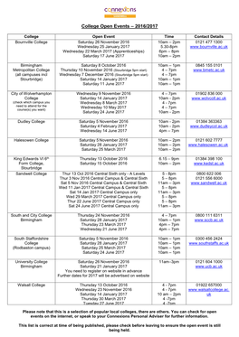 College Open Events – 2016/2017