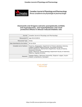 Chamomile and Oregano Extracts Synergistically Exhibits Anti Hyperglycemic, Anti Hyperlipidaemic and Renal Protective Effects in Alloxan Induced Diabetic Rats