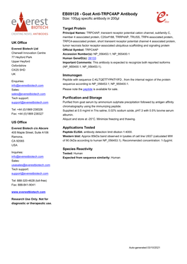 EB09128 - Goat Anti-TRPC4AP Antibody Size: 100Μg Specific Antibody in 200Μl