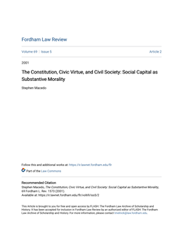 The Constitution, Civic Virtue, and Civil Society: Social Capital As Substantive Morality