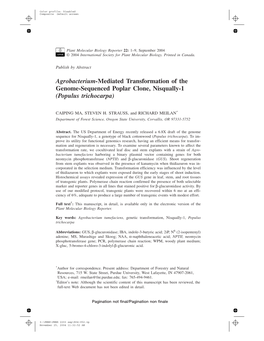 Agrobacterium-Mediated Transformation of the Genome-Sequenced Poplar Clone, Nisqually-1 (Populus Trichocarpa)