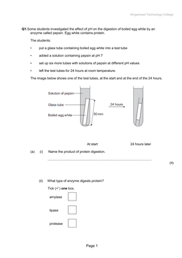 Q1.Some Students Investigated the Effect of Ph on the Digestion of Boiled Egg White by an Enzyme Called Pepsin