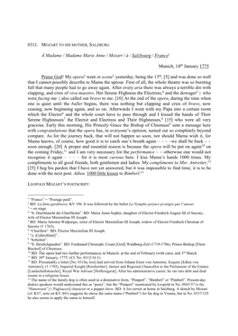 À Madame / Madame Marie Anne / Mozart / À / Salzbourg / Franco1 Munich, 14Th January 1775 Praise God! My Opera2 Went in Scena3