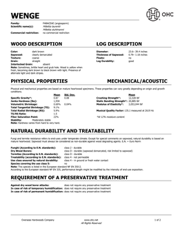 Wenge Technical Data