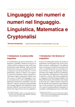 Linguaggio Nei Numeri E Numeri Nel Linguaggio. Linguistica, Matematica E Cryptonalisi