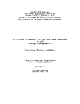 La Neutralización De La Versión Al Inglés De Un Pasaje De La Novela La Fugitiva De Sergio Ramírez Mercado