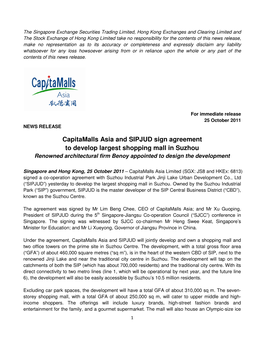 Capitamalls Asia and SIPJUD Sign Agreement to Develop Largest Shopping Mall in Suzhou Renowned Architectural Firm Benoy Appointed to Design the Development