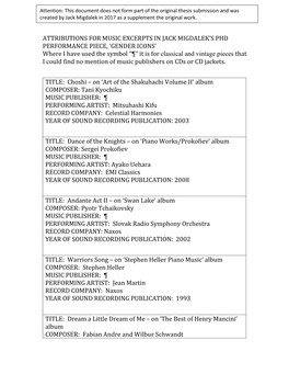 Attributions for Music Excerpts in Jack Migdalek's