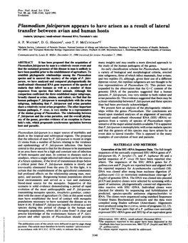 Plasmodium Falciparum Appears to Have Arisen As a Result of Lateral Transfer Between Avian and Human Hosts