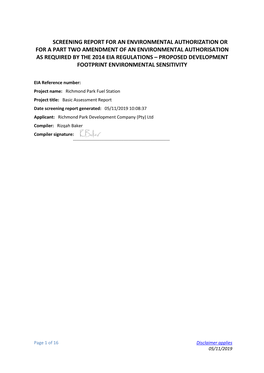 Screening Report for an Environmental