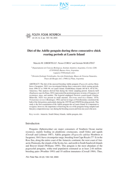 Diet of the Adélie Penguin During Three Consecutive Chick Rearing Periods at Laurie Island