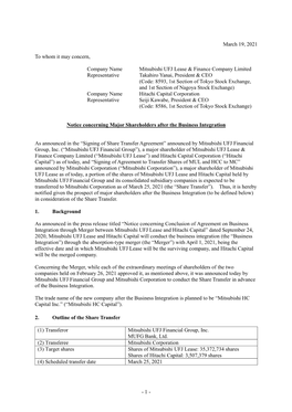 1 - It Is Confirmed That the Share Transfer Does Not Fall Under a Change in Major Shareholders for Both Mitsubishi UFJ Lease and Hitachi Capital