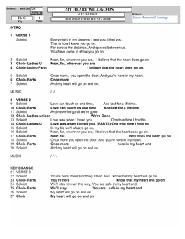 MY HEART WILL GO on 1 Song ID CELINE DION Writer/S Eb-G 1 VOICES of UNITY YOUTH CHOIR James Horner/Will Jennings Key Pages INTRO