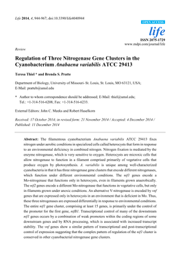 Regulation of Three Nitrogenase Gene Clusters in the Cyanobacterium Anabaena Variabilis ATCC 29413