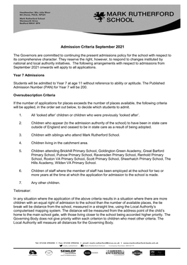 Admission Criteria September 2021