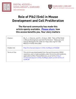 Role of Plk2 (Snk) in Mouse Development and Cell Proliferation