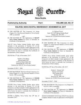 NS Royal Gazette Part I