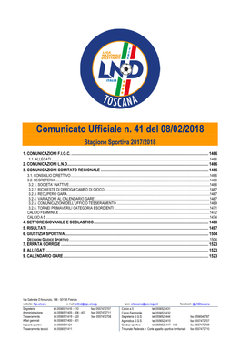 Comunicato Ufficiale N. 41 Del 08/02/2018