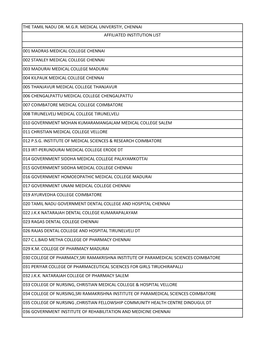 The Tamil Nadu Dr. M.G.R. Medical Universtiy, Chennai Affiliated Institution List