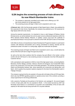 ILSA Begins the Screening Process of Train Drivers for Its New Hitachi Bombardier Trains