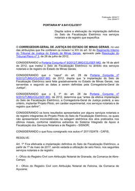 PORTARIA Nº 4.841/CGJ/2017 Dispõe Sobre a Efetivação Da Implantação Definitiva Do Selo De Fiscalização Eletrônico Nos S