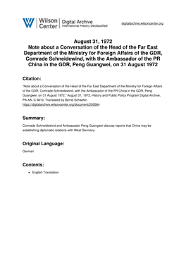 August 31, 1972 Note About a Conversation of the Head of the Far East Department of the Ministry for Foreign Affairs of The