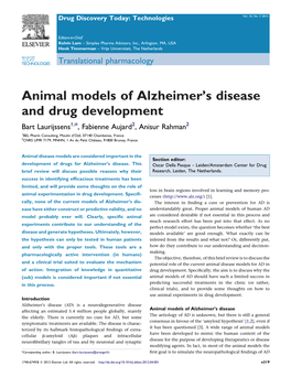 Animal Models of Alzheimer's Disease and Drug Development