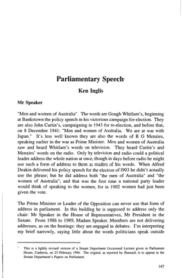 Parliamentary Speech* Ken Inglis