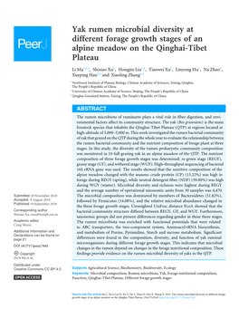 Yak Rumen Microbial Diversity at Different Forage Growth Stages of an Alpine Meadow on the Qinghai-Tibet Plateau