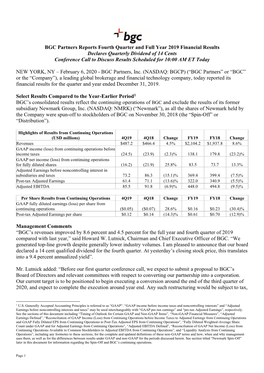 BGC Partners Reports Fourth Quarter and Full Year 2019 Financial