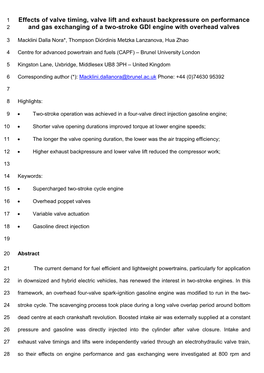 Effects of Valve Timing, Valve Lift and Exhaust Backpressure on Performance 2 and Gas Exchanging of a Two-Stroke GDI Engine with Overhead Valves