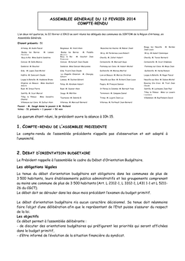 Assemblee Generale Du 12 Fevrier 2014 Compte-Rendu