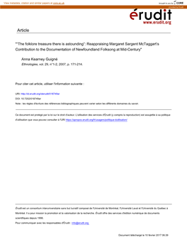 The Folklore Treasure There Is Astounding”: Reappraising Margaret Sargent Mctaggart’S Contribution to the Documentation of Newfoundland Folksong at Mid-Century