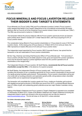 Focus Minerals and Focus Laverton Release Their Bidder’S and Target’S Statements