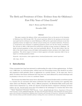 The Birth and Persistence of Cities: Evidence from the Oklahoma’S First Fifty Years of Urban Growth∗
