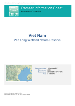 Viet Nam Ramsar Information Sheet Published on 16 October 2018