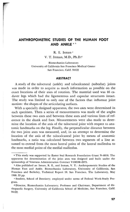 Anthropometric Studies of the Human Foot and Ankle 