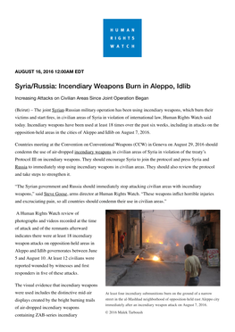 Syria/Russia: Incendiary Weapons Burn in Aleppo, Idlib